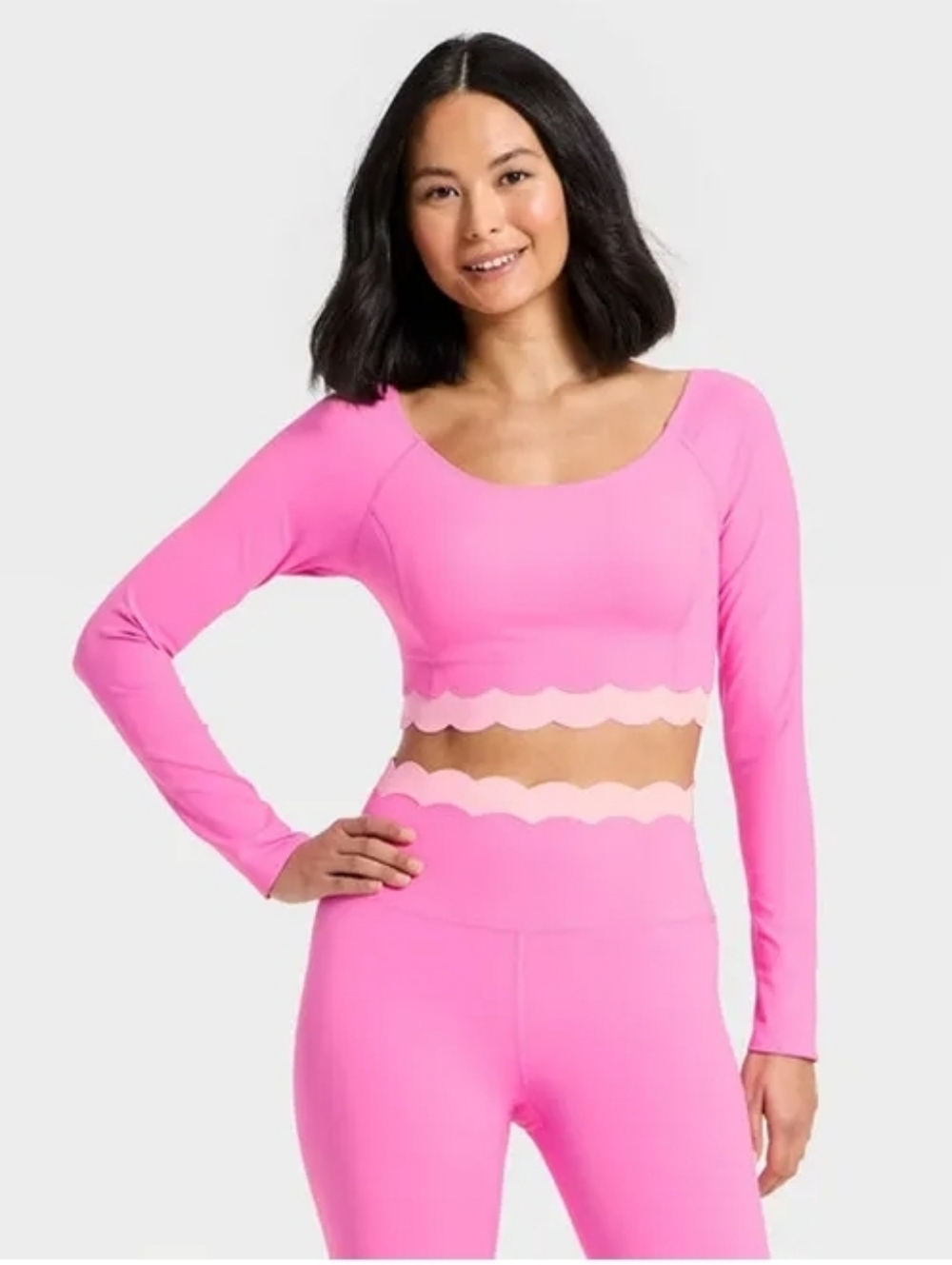 JoyLab Women's Knit Scallop Cropped Support Long Sleeve Top ~ Hot Pink